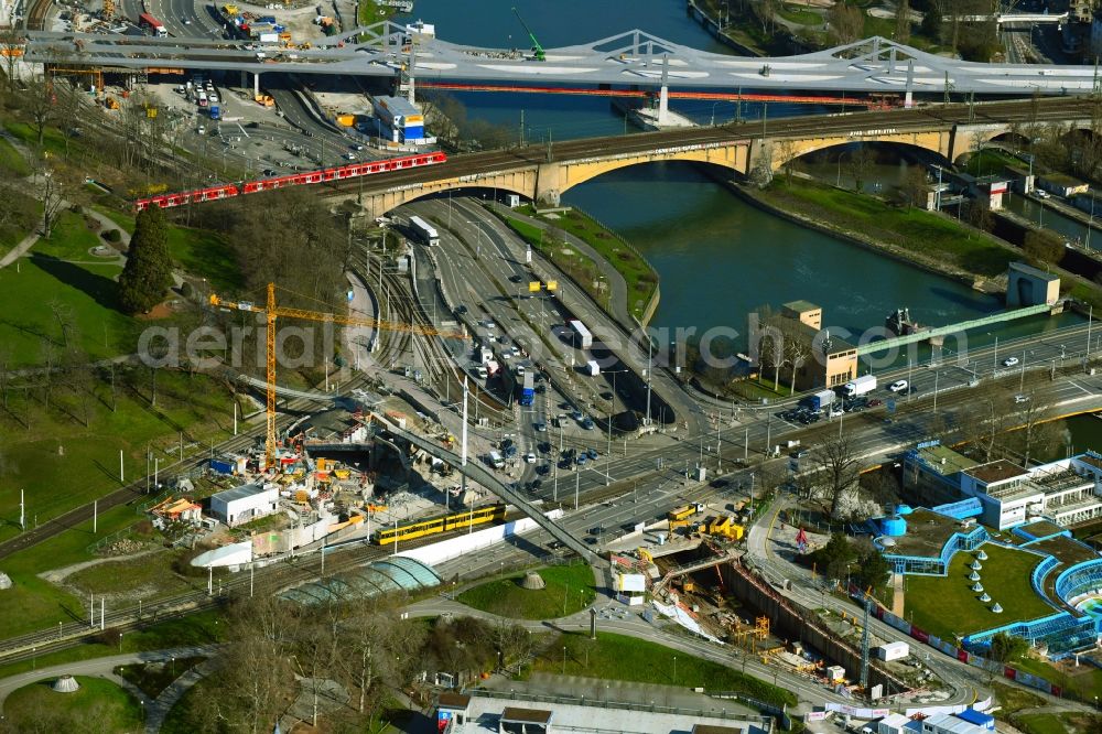 Aerial photograph Stuttgart - Construction site with tunnel guide for the route of B10-Rosensteintunnel on Neckartalstrasse in the district Bad Cannstatt in Stuttgart in the state Baden-Wurttemberg, Germany
