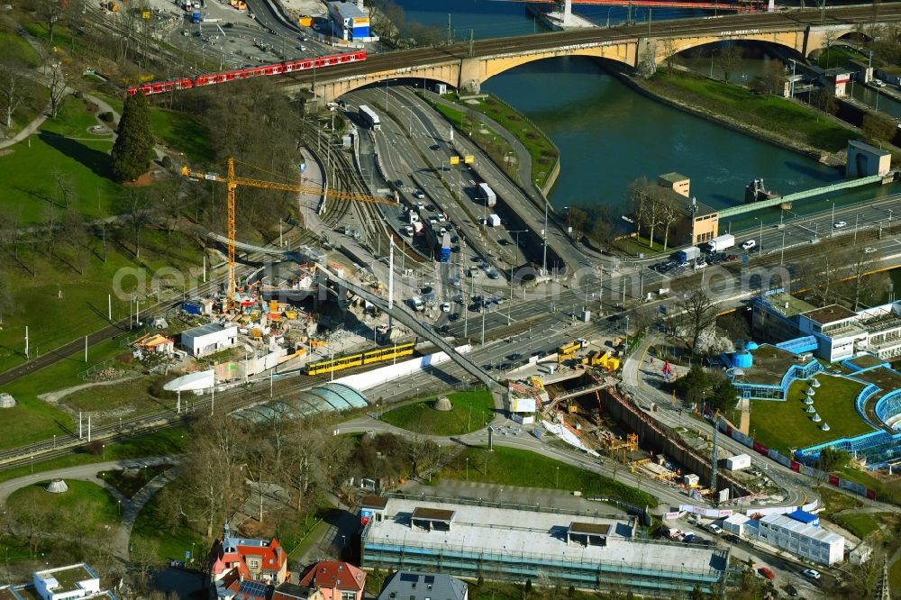 Stuttgart from above - Construction site with tunnel guide for the route of B10-Rosensteintunnel on Neckartalstrasse in the district Bad Cannstatt in Stuttgart in the state Baden-Wurttemberg, Germany