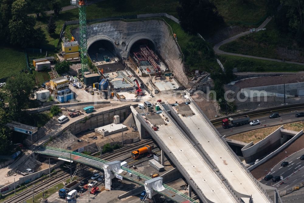 Stuttgart from above - Construction site with tunnel guide for the route of B10-Rosensteintunnel on Neckartalstrasse in the district Bad Cannstatt in Stuttgart in the state Baden-Wuerttemberg, Germany