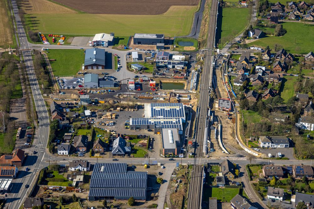 Aerial image Rees - Construction site with tunnelling work for the route and course of an underpass tunnel on the L468 - Bahnhofstrasse in the Haldern district of Rees in the state of North Rhine-Westphalia, Germany