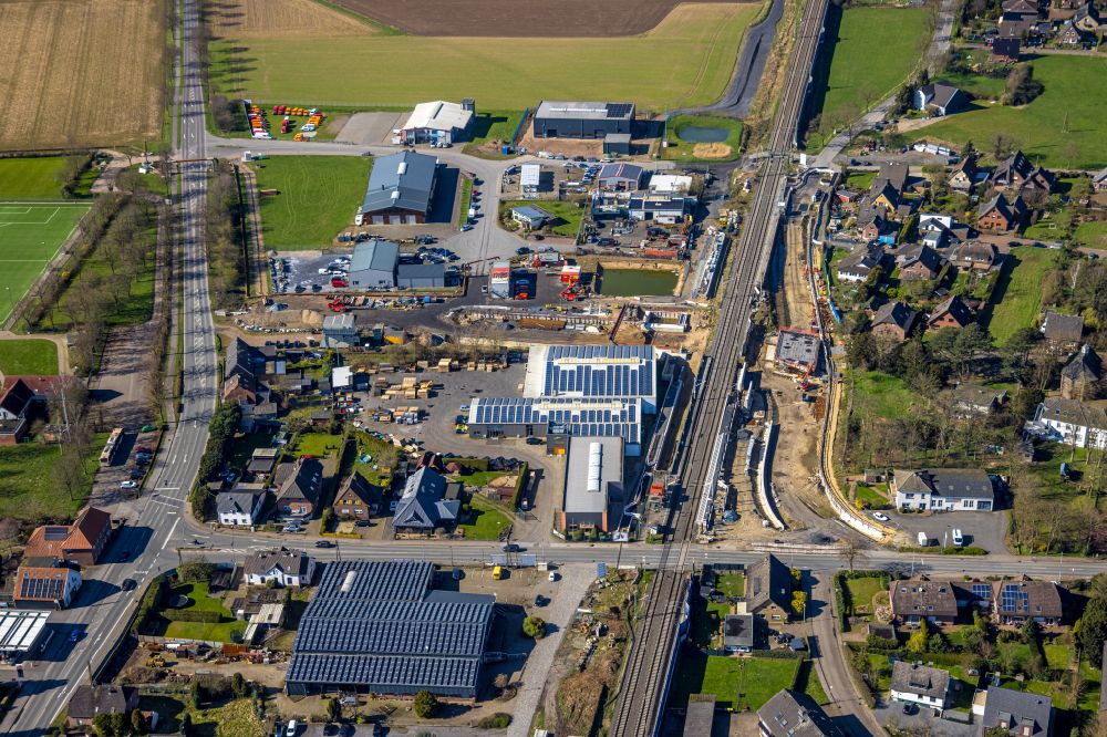 Aerial photograph Rees - Construction site with tunnelling work for the route and course of an underpass tunnel on the L468 - Bahnhofstrasse in the Haldern district of Rees in the state of North Rhine-Westphalia, Germany
