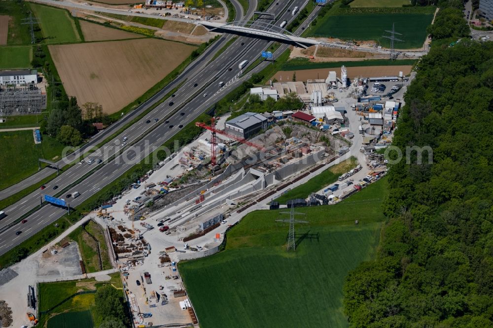 Stuttgart from the bird's eye view: Construction site with tunneling work for the route and the airport tunnel course parallel to the course of the A8 motorway in the Plieningen district of Stuttgart in the state Baden-Wuerttemberg, Germany
