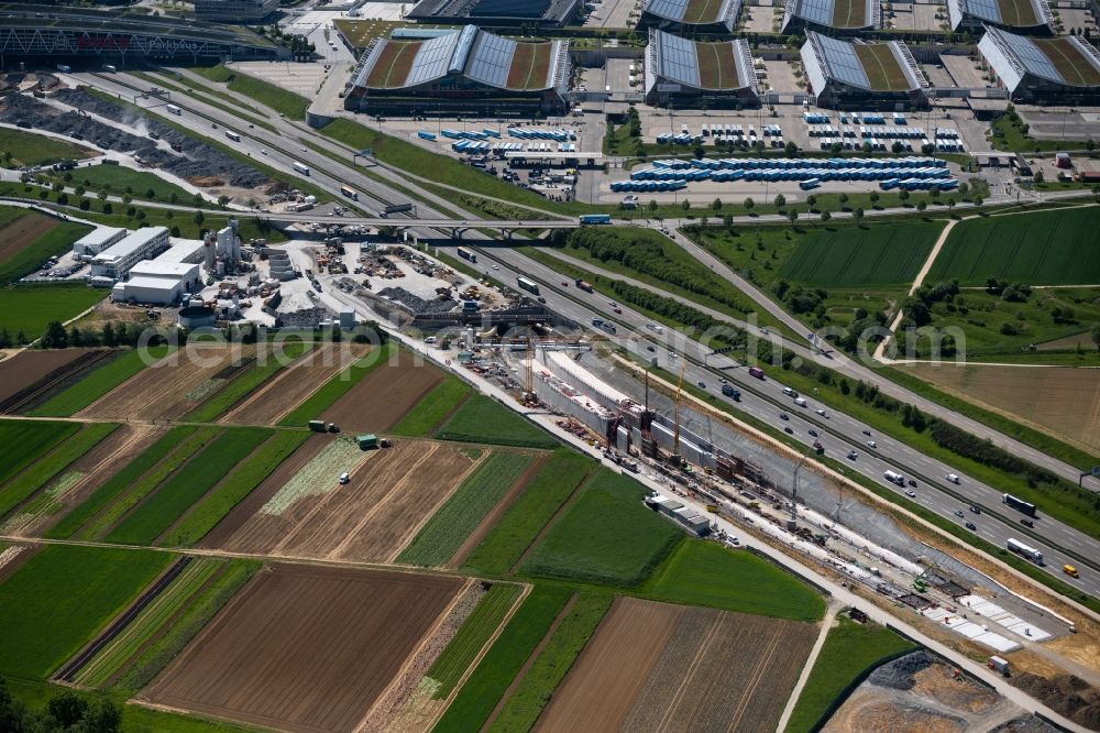 Aerial image Stuttgart - Construction site with tunneling work for the route and the airport tunnel course parallel to the course of the A8 motorway in the Plieningen district of Stuttgart in the state Baden-Wuerttemberg, Germany