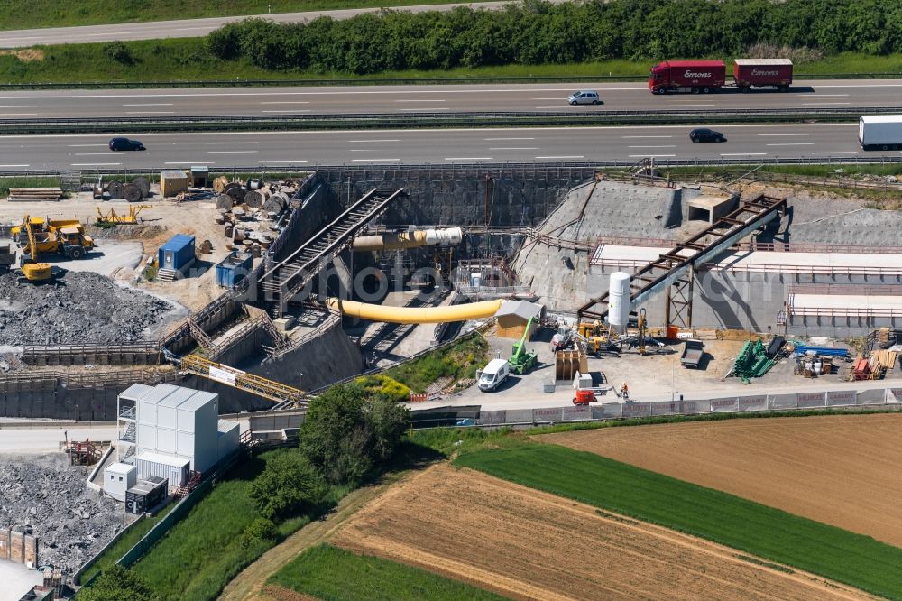Stuttgart from the bird's eye view: Construction site with tunneling work for the route and the airport tunnel course parallel to the course of the A8 motorway in the Plieningen district of Stuttgart in the state Baden-Wuerttemberg, Germany