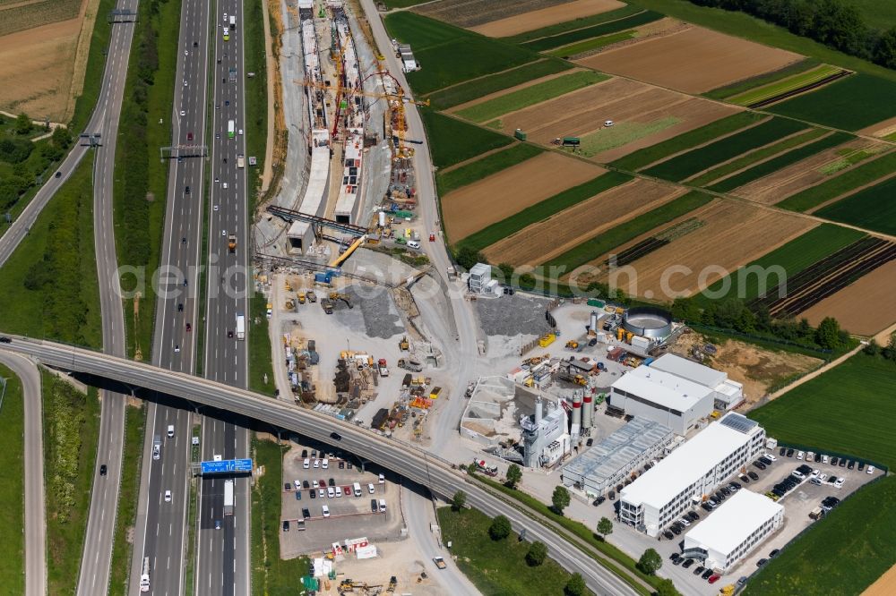 Stuttgart from above - Construction site with tunneling work for the route and the airport tunnel course parallel to the course of the A8 motorway in the Plieningen district of Stuttgart in the state Baden-Wuerttemberg, Germany