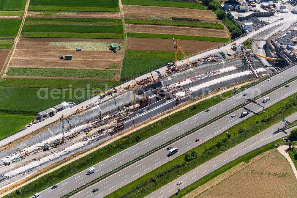 Stuttgart from above - Construction site with tunneling work for the route and the airport tunnel course parallel to the course of the A8 motorway in the Plieningen district of Stuttgart in the state Baden-Wuerttemberg, Germany