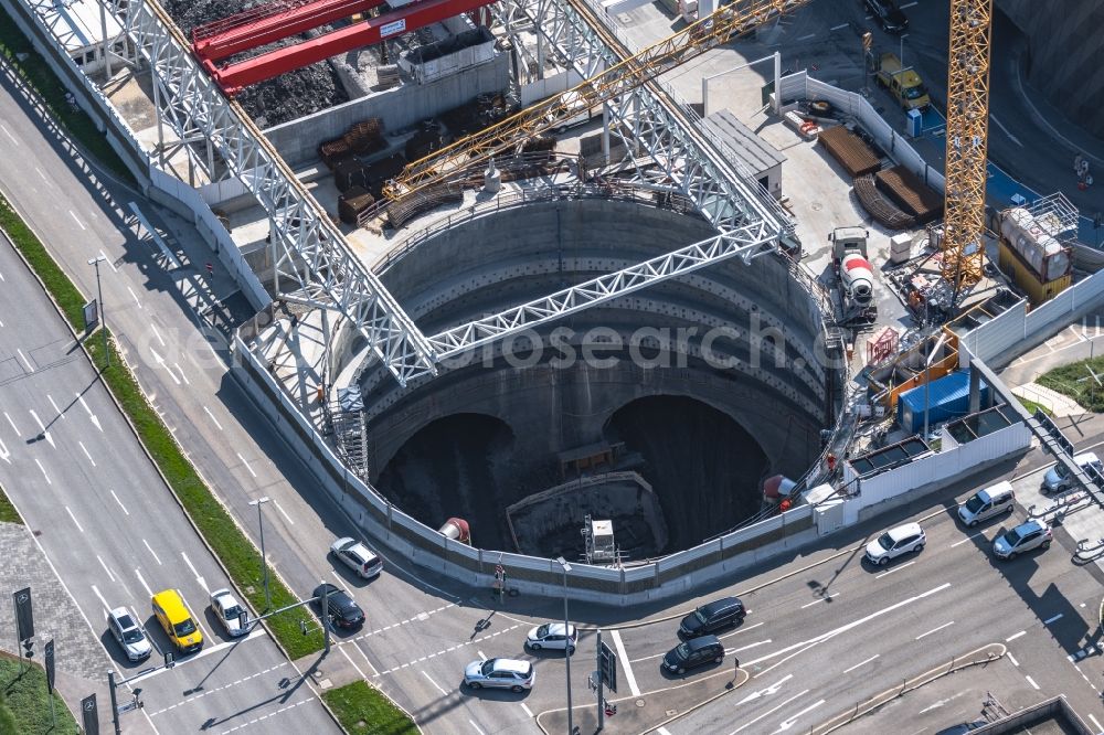 Plieningen from the bird's eye view: Construction site with tunneling work for the route and the airport tunnel course parallel to the course of the A8 motorway in the Plieningen district of Stuttgart in the state Baden-Wuerttemberg, Germany