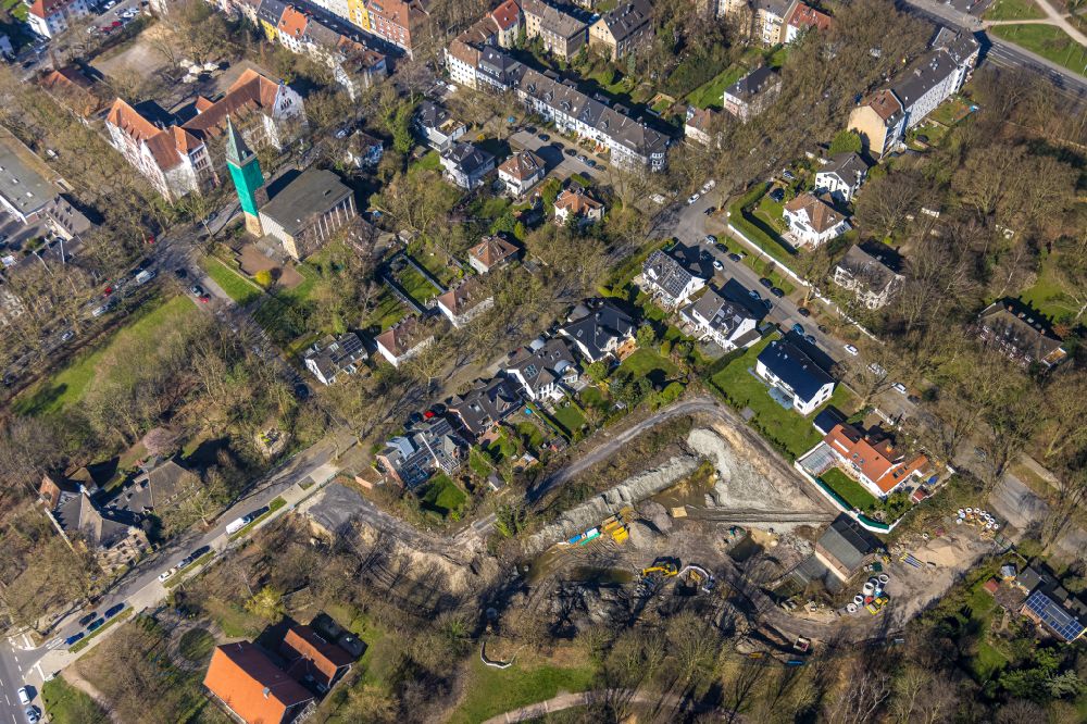 Aerial image Gelsenkirchen - Construction site of the canal works on the course of the canal Sellmannsbach in the district Bulmke-Huellen in Gelsenkirchen at Ruhrgebiet in the state North Rhine-Westphalia, Germany
