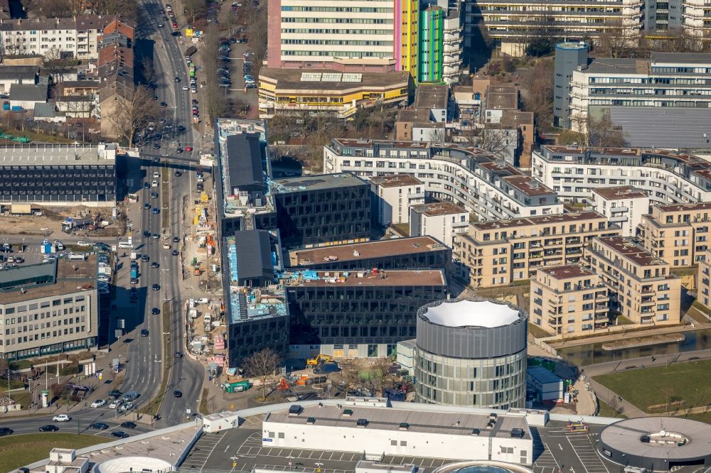 Aerial photograph Essen - Construction site for the office building of Funke Media Group on Berliner Platz in Essen in the state of North Rhine-Westphalia