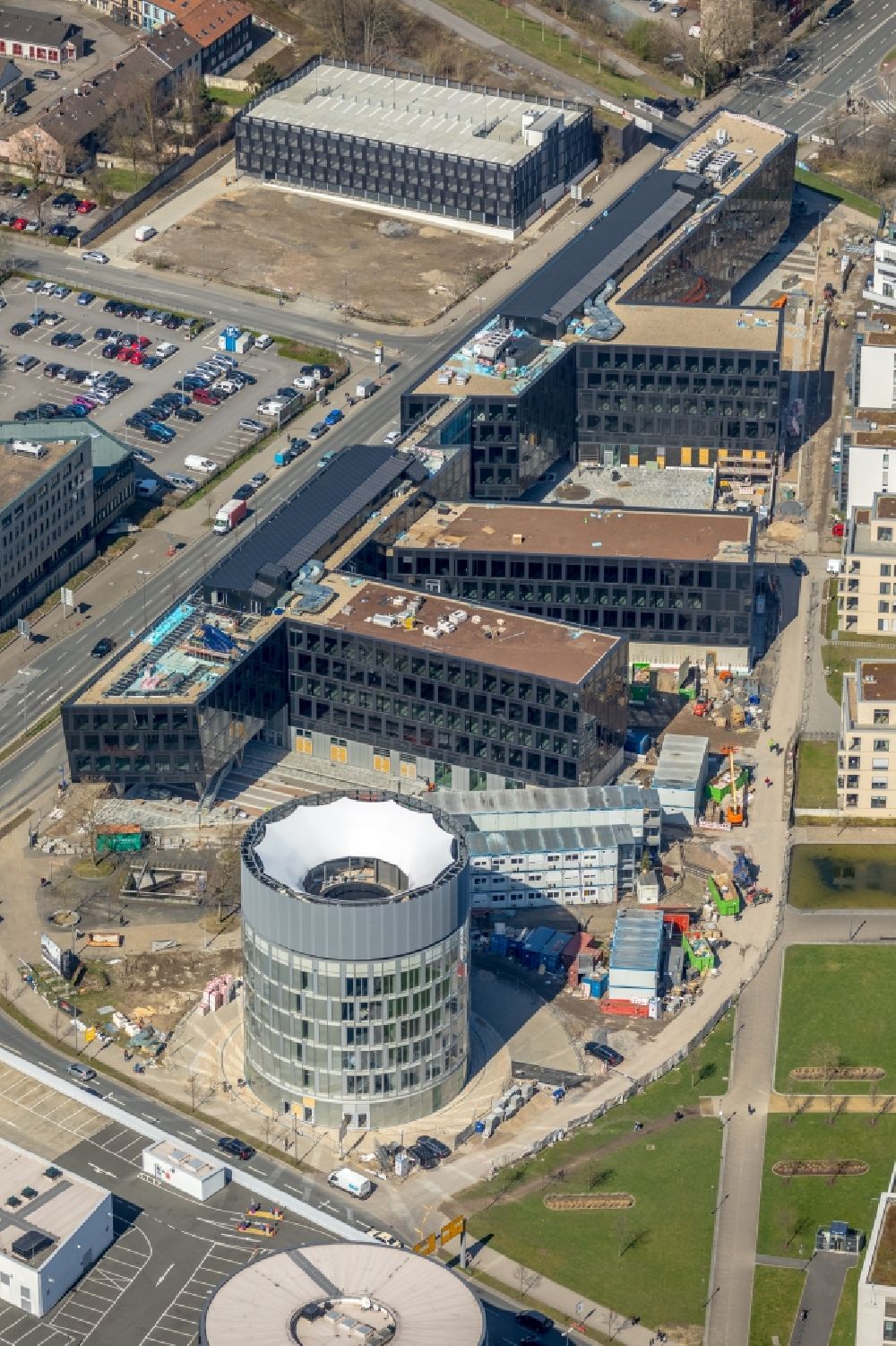Essen from above - Construction site for the office building of Funke Media Group on Berliner Platz in Essen in the state of North Rhine-Westphalia
