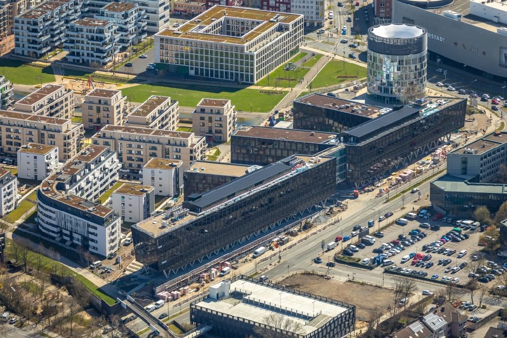 Essen from the bird's eye view: Construction site for the office building of Funke Media Group on Berliner Platz in Essen in the state of North Rhine-Westphalia