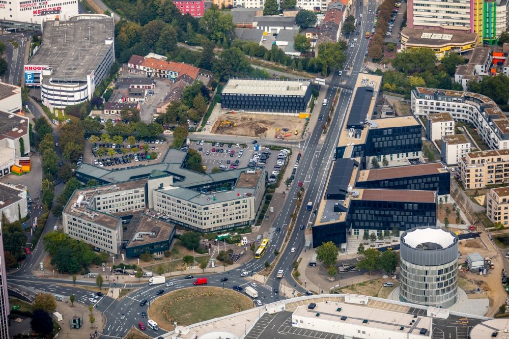 Essen from the bird's eye view: Construction site for the office building of Funke Media Group on Berliner Platz in Essen in the state of North Rhine-Westphalia