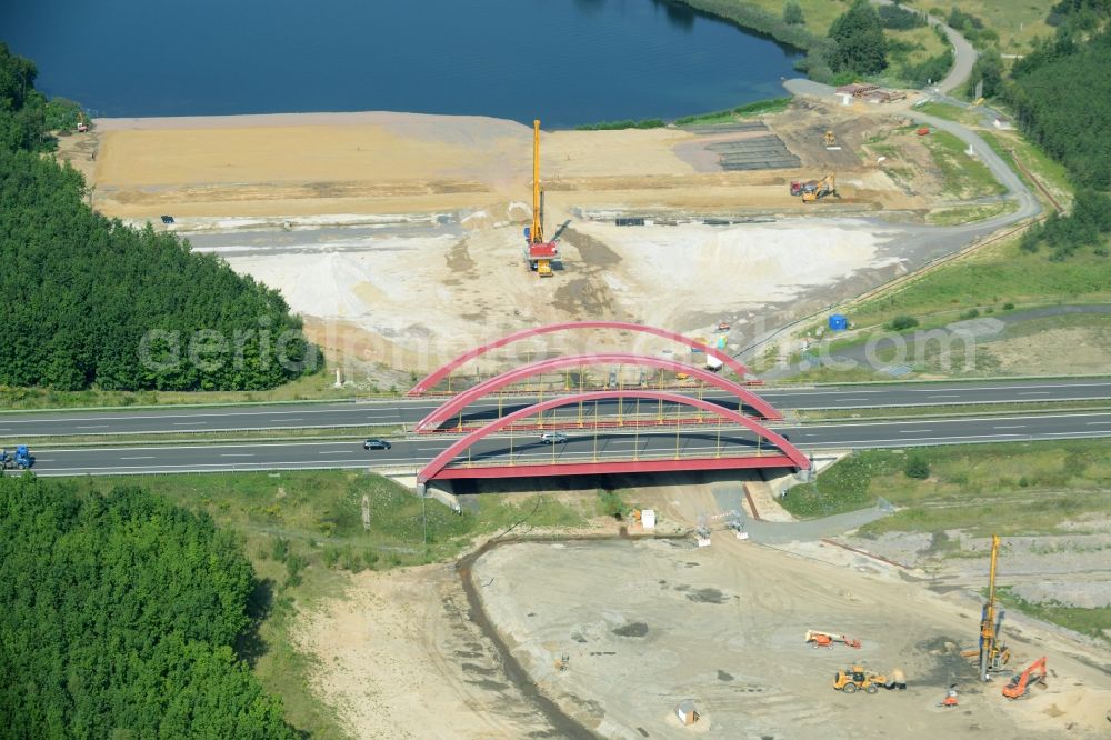 Aerial image Zwenkau - Construction Iste of new build connecting cannel Harthkanal between the Lake Zwenkau and Lake Cospuden with the leading highway bridge of the federal motorway A38 in Zwenkau in Saxony