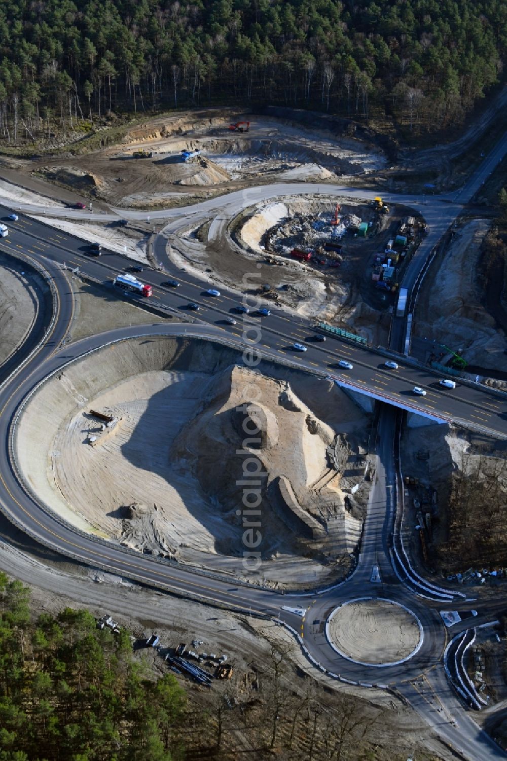 Ferch from above - Construction site for the expansion of traffic flow on the motorway BAB A 10 in Ferch in the state Brandenburg, Germany