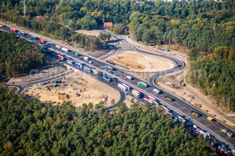 Ferch from above - Construction site for the expansion of traffic flow on the motorway BAB A 10 in Ferch in the state Brandenburg, Germany