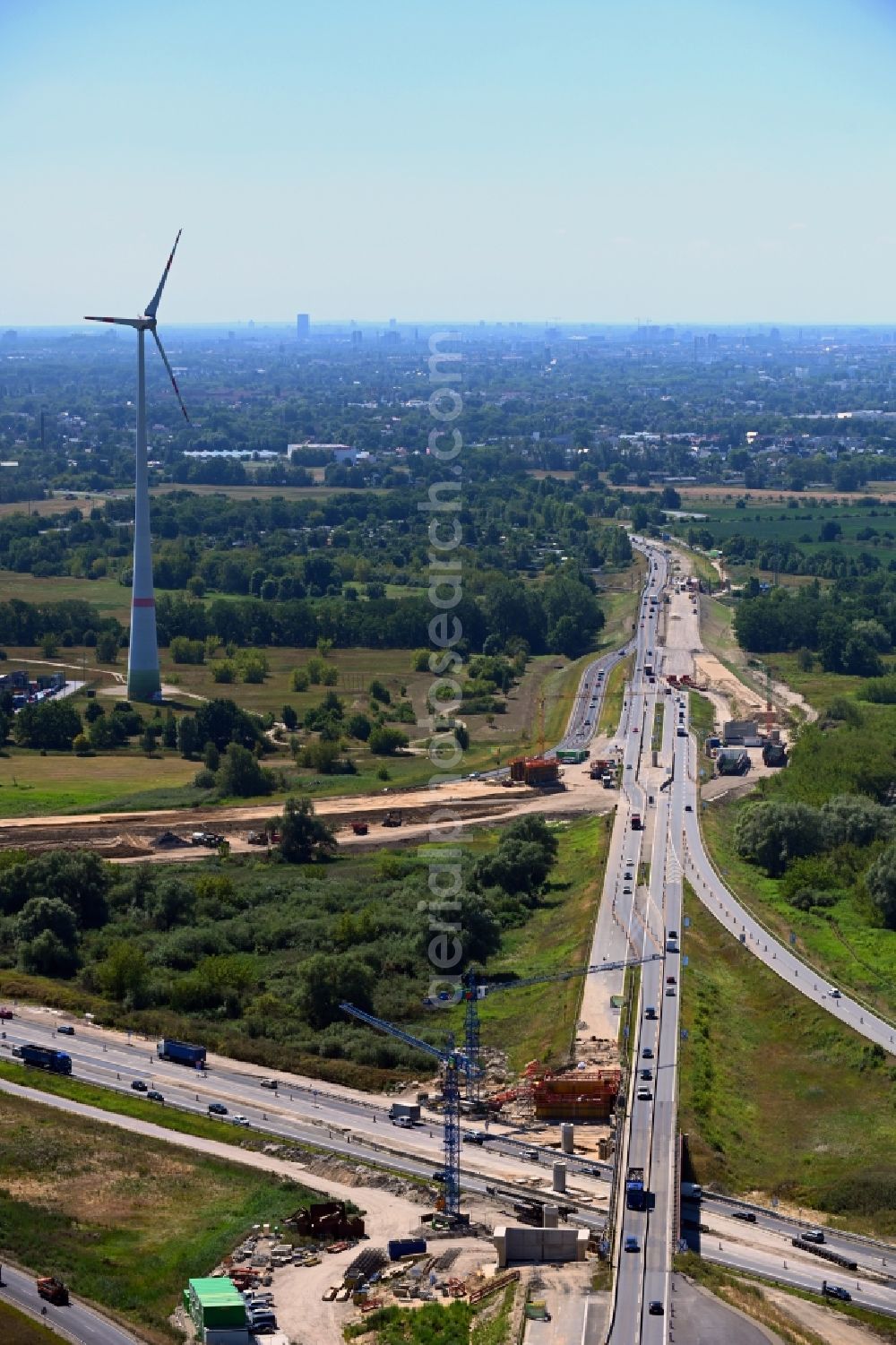 Aerial image Schönerlinde - Construction to extend the traffic flow at the intersection- motorway A 114 - A10 - Dreieck Pankow in Schoenerlinde in the state Brandenburg, Germany