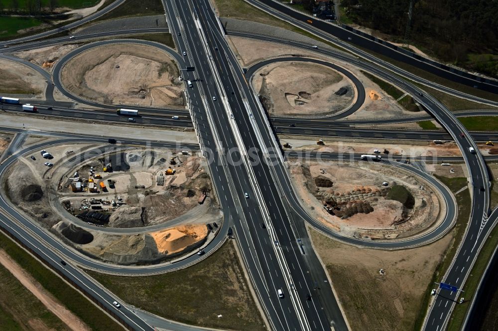 Aerial photograph Eltersdorf - Construction to extend the traffic flow at the intersection- motorway A Autobahnkreuz of BAB A73 - A3 in Eltersdorf in the state Bavaria, Germany
