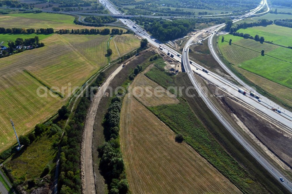 Leegebruch from above - Construction to extend the traffic flow at the intersection- motorway A 10 - A110 a?? Kreuz Oranienburg a?? in Leegebruch in the state Brandenburg, Germany