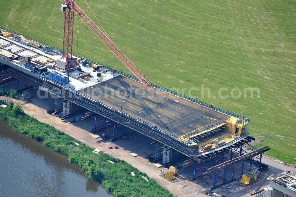 Rattmannsdorf from above - Construction site of viaduct of the railway bridge structure to route the railway tracks in Rattmannsdorf in the state Saxony-Anhalt, Germany