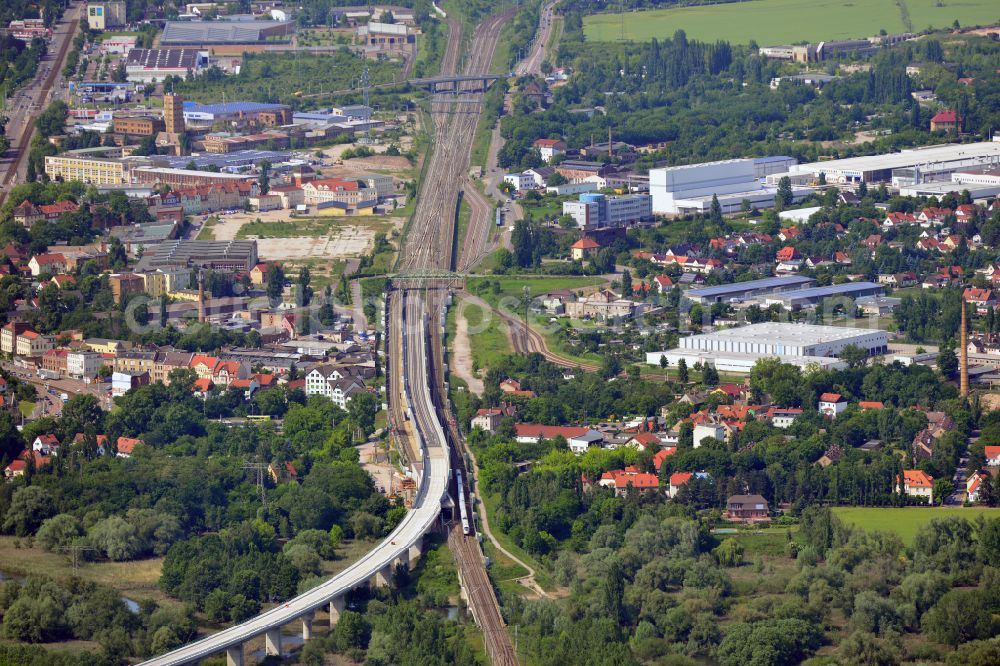 Rattmannsdorf from the bird's eye view: Construction site of viaduct of the railway bridge structure to route the railway tracks in Rattmannsdorf in the state Saxony-Anhalt, Germany