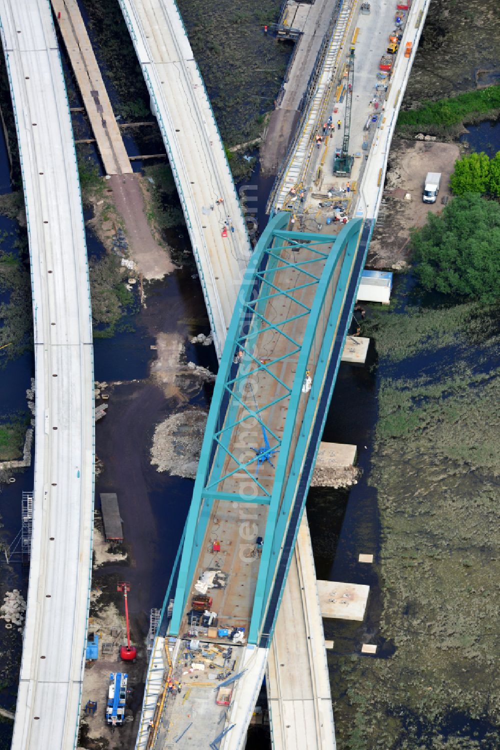 Aerial image Rattmannsdorf - Construction site of viaduct of the railway bridge structure to route the railway tracks in Rattmannsdorf in the state Saxony-Anhalt, Germany