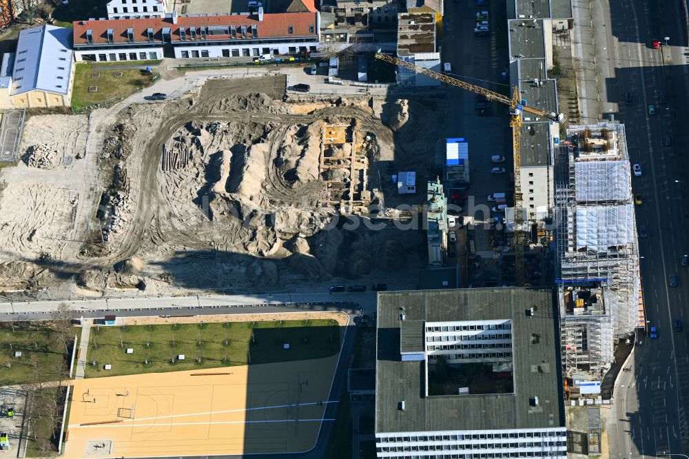 Potsdam from the bird's eye view: Construction site for the new residential and commercial building quarter along the art and creative quarter Alte Feuerwache on Spornstrasse in the district Noerdliche Innenstadt in Potsdam in the state Brandenburg, Germany