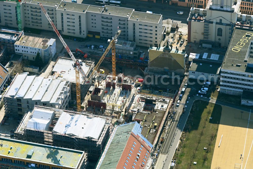 Aerial image Potsdam - Construction site for the new residential and commercial building quarter along the art and creative quarter Alte Feuerwache on Spornstrasse in the district Noerdliche Innenstadt in Potsdam in the state Brandenburg, Germany