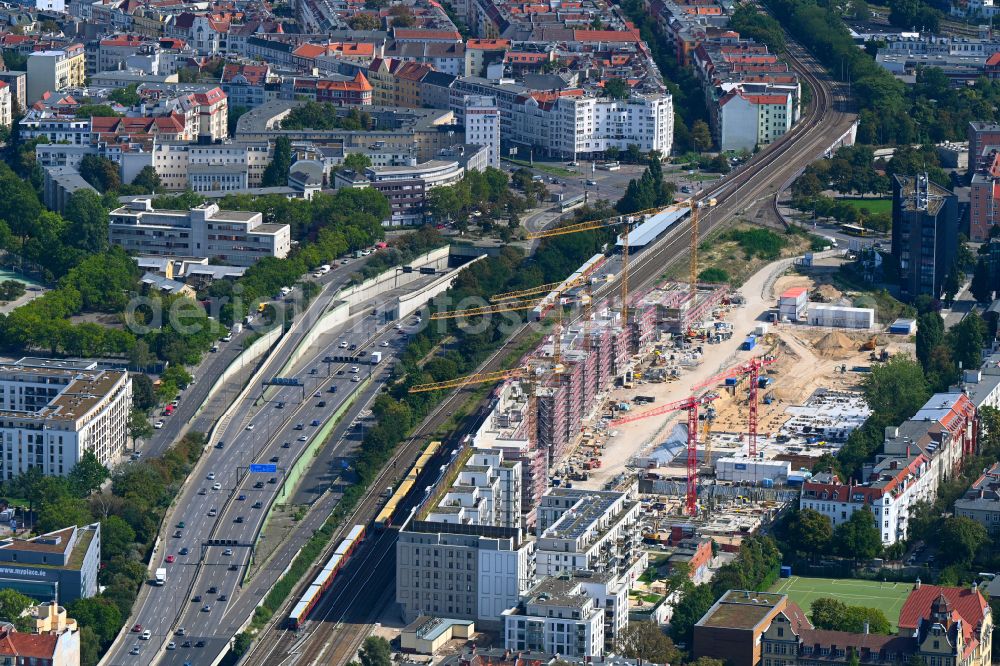 Berlin from above - Construction site to build a new multi-family residential complex Friedenauer Hoehe in the district Wilmersdorf in Berlin, Germany