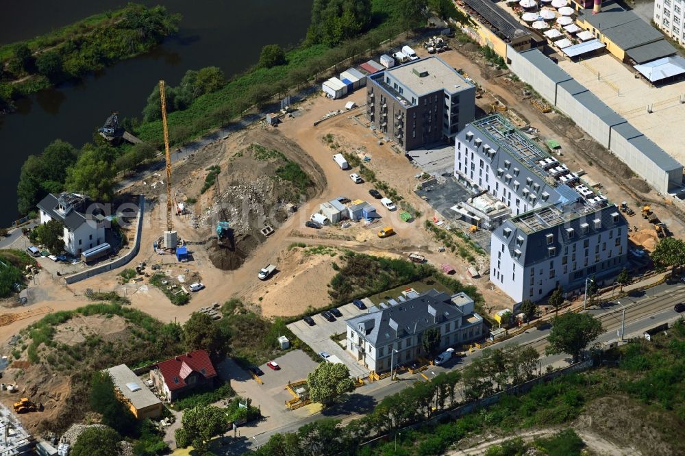 Dresden from above - Residential construction site with multi-family housing development- of the project Hafencity along the Leipziger Strasse in Dresden in the state Saxony, Germany