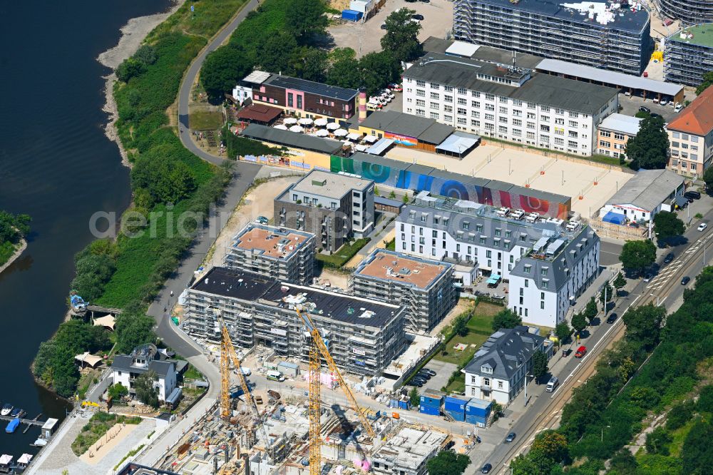 Dresden from the bird's eye view: Residential construction site with multi-family housing development- of the project Hafencity along the Leipziger Strasse in Dresden in the state Saxony, Germany