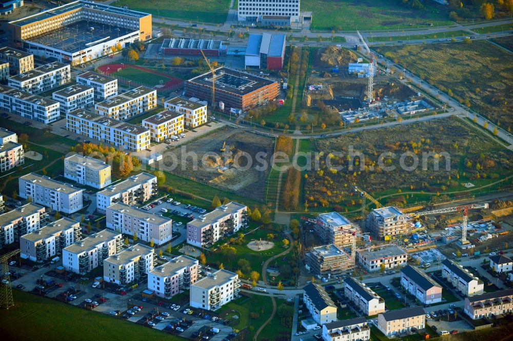 Schönefeld from the bird's eye view: Residential construction site with multi-family housing development- on the on Bertolt-Brecht-Allee in the district Neu-Schoenefeld in Schoenefeld in the state Brandenburg, Germany