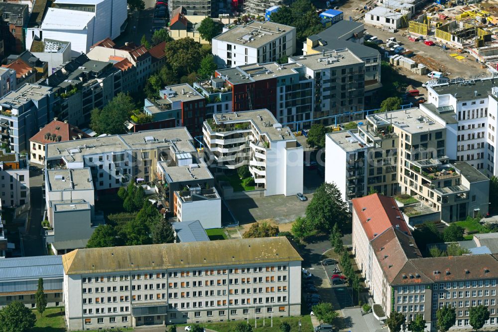 Dresden from the bird's eye view: Residential construction site with multi-family housing development- on place Schuetzenplatz in Dresden in the state Saxony, Germany