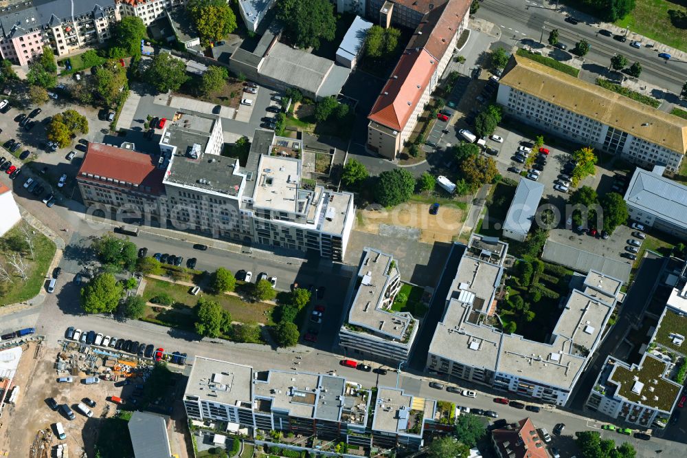 Dresden from above - Residential construction site with multi-family housing development- on place Schuetzenplatz in Dresden in the state Saxony, Germany