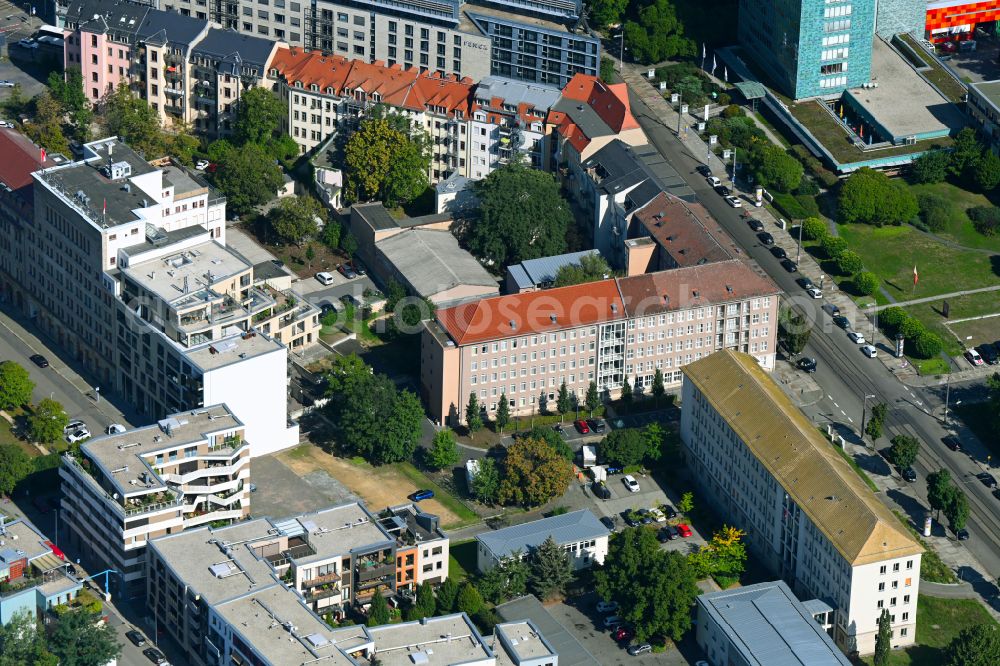 Dresden from the bird's eye view: Residential construction site with multi-family housing development- on place Schuetzenplatz in the district Wilsdruffer Vorstadt in Dresden in the state Saxony, Germany