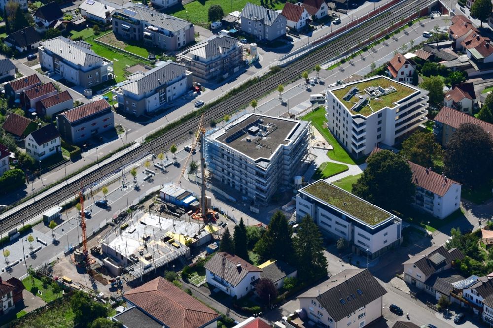 Grenzach-Wyhlen from above - Residential construction site with multi-family housing development- on the Gartenstrasse in Grenzach-Wyhlen in the state Baden-Wurttemberg, Germany
