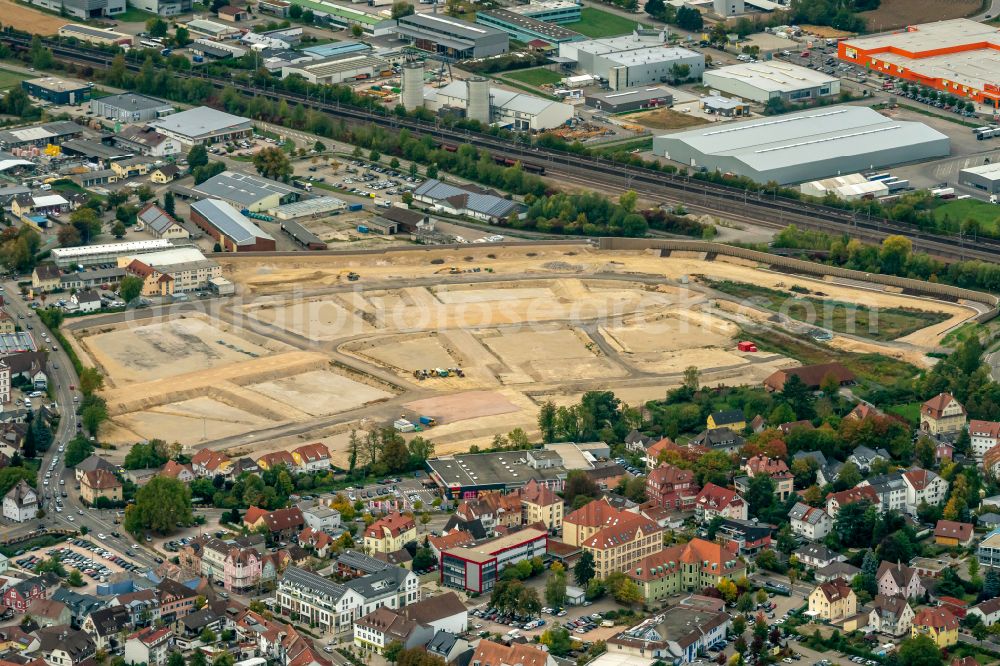 Achern from the bird's eye view: Residential construction site with multi-family housing development- on the on Glashuettenareal in Achern in the state Baden-Wuerttemberg, Germany