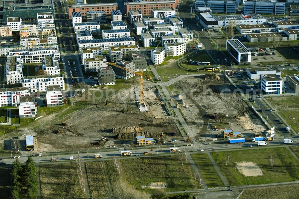 Berlin from the bird's eye view: Residential construction site with multi-family housing development- on the Hermann-Dorner-Allee - Alexander-von-Humboldt-Weg - Karl-Ziegler-Strasse in the district Adlershof in Berlin, Germany