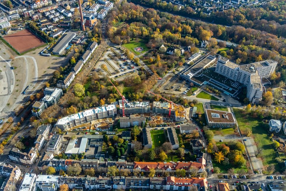 Essen from the bird's eye view: Residential construction site with multi-family housing development- at the Herthastrasse in Essen in the state North Rhine-Westphalia, Germany