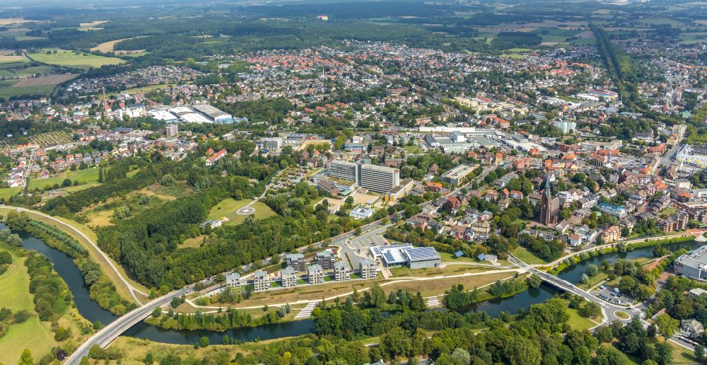 Lünen from the bird's eye view: Residential construction site with multi-family housing development- on the Lippewohnpark - Wohnen on Flusspark in Luenen in the state North Rhine-Westphalia, Germany