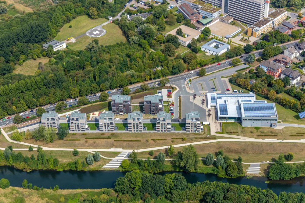 Aerial image Lünen - Residential construction site with multi-family housing development- on the Lippewohnpark - Wohnen on Flusspark in Luenen in the state North Rhine-Westphalia, Germany