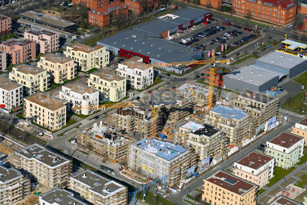 Aerial image Potsdam - Residential construction site with multi-family housing development- Neue Liebe between Erich-Arendt-Strasse and Hans-Paasche-Strasse in the district Bornstedt in Potsdam in the state Brandenburg, Germany