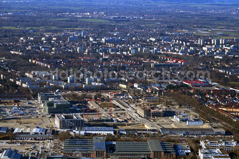 München from the bird's eye view: Residential construction site with multi-family housing development- Neufreimann on street Helene-Wessel-Bogen in the district Freimann in Munich in the state Bavaria, Germany