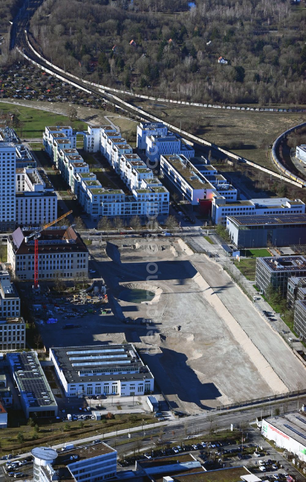 Aerial photograph München - Residential construction site with multi-family housing development- Am Oberwiesenfeld on street Moosacher Strasse - Lerchenauer Strasse - in the district Milbertshofen in Munich in the state Bavaria, Germany