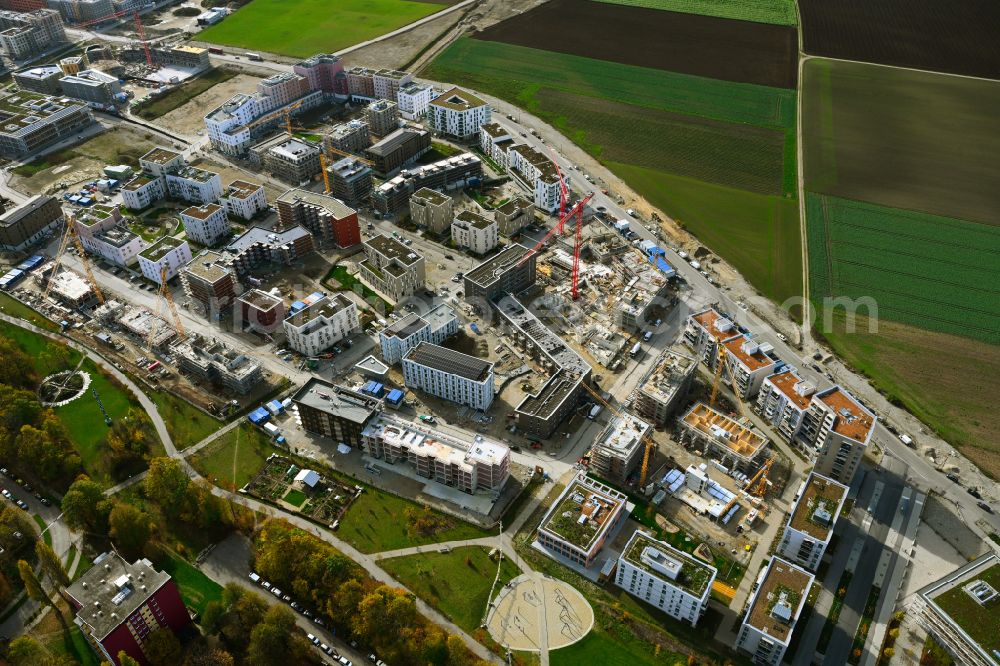 Aerial photograph München - Residential construction site with multi-family housing development- on street Christel-Sembach-Krone-Strasse - Otto-Meitinger-Strasse in the district Freiham in Munich in the state Bavaria, Germany