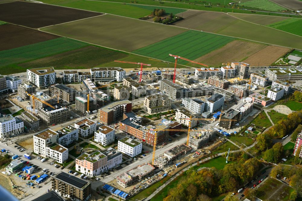 Aerial image München - Residential construction site with multi-family housing development- on street Christel-Sembach-Krone-Strasse - Otto-Meitinger-Strasse in the district Freiham in Munich in the state Bavaria, Germany