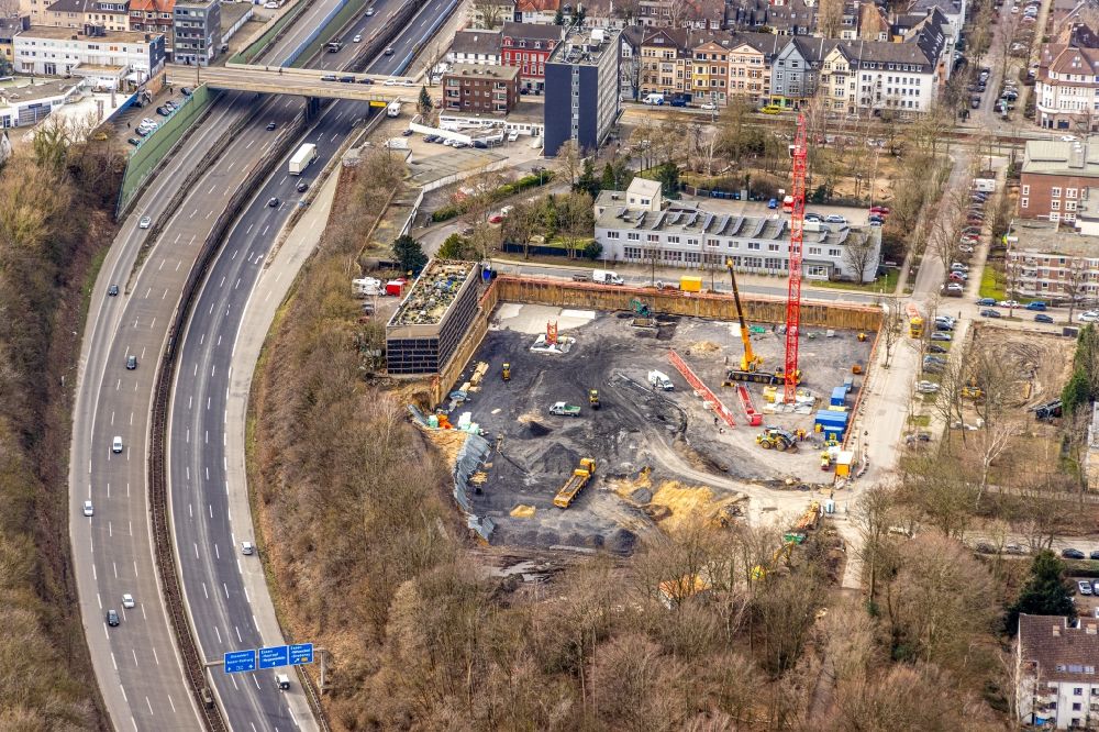 Essen from the bird's eye view: Residential area construction site with multi-family housing estate on the corner of Manfredstrasse - Ursulastrasse in the Ruettenscheid district in Essen in the Ruhr area in the state North Rhine-Westphalia, Germany