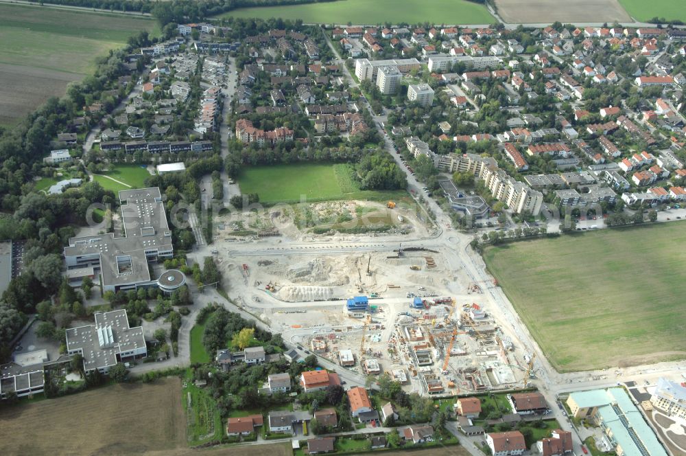 Aerial image Garching bei München - Residential construction site with multi-family housing development- Professor-Angermair-Ring corner Muehlfeldweg in Garching bei Muenchen in the state Bavaria, Germany