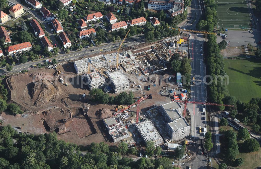 Erfurt from the bird's eye view: Residential construction site with multi-family housing development- Quartier Lingel in the district Loebervorstadt in Erfurt in the state Thuringia, Germany