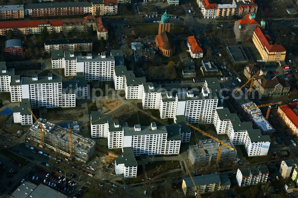 Berlin from the bird's eye view: Residential construction site with multi-family housing development- on the Ringstrasse in the prefabricated high-rise housing estate on Rathausstrasse in the district Mariendorf in Berlin, Germany