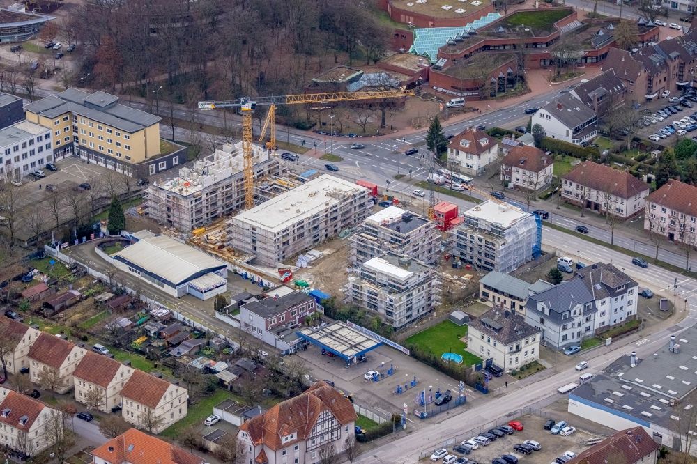 Aerial image Gladbeck - Residential construction site with multi-family housing development- and retirement home of the project SCHOeNES LEBEN Gladbeck on Wilhelmstrasse in Gladbeck at Ruhrgebiet in the state North Rhine-Westphalia, Germany